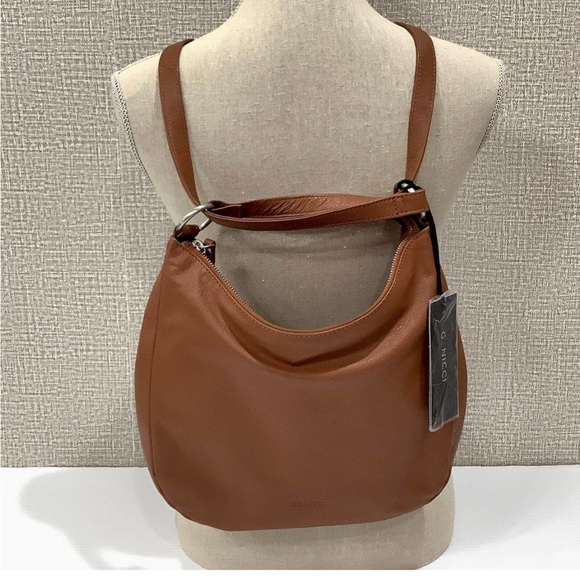 Genicci Leather Womens Convertible Backpack Tote Purse Bag Brown Cognac NEW - Picture 9 of 9